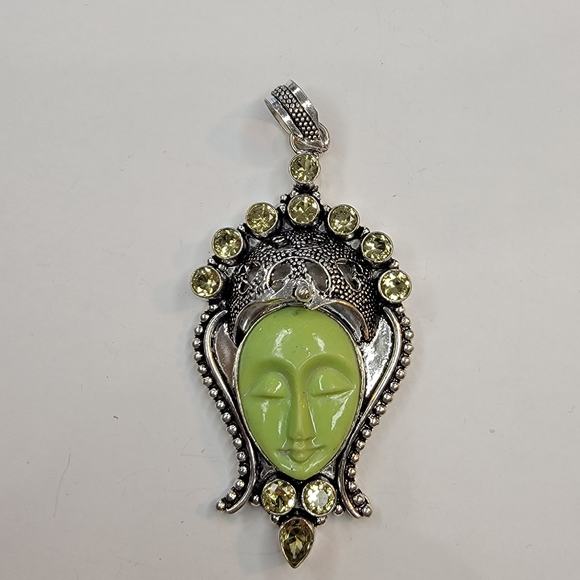 Sterling Silver Pendant with Green Carved Face and Lemon Quartz Accents - Picture 13 of 13